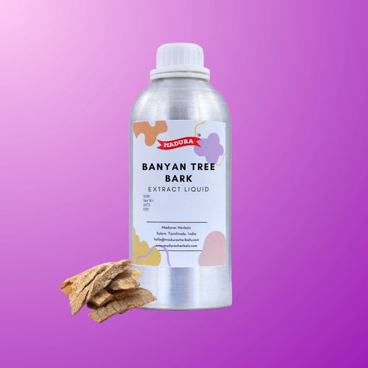 Bottle of Banyan Tree Bark Extract Liquid with dried bark pieces on a purple background
