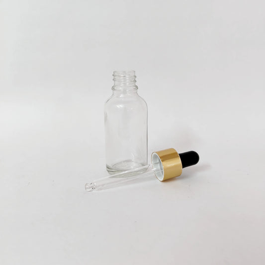 Glass Serum Bottle - Clear - Gold Dropper - 30mL