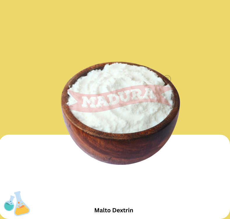 Wooden bowl filled with white powder labeled 'Malto Dextrin' on a yellow background