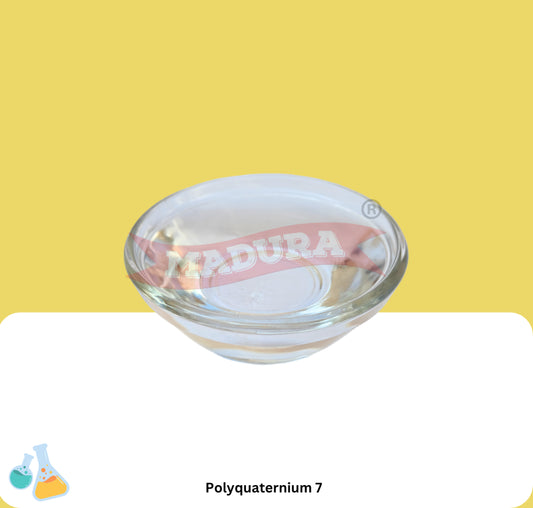 Polyquaternium 7 in a Glass container with a brand logo on a yellow background