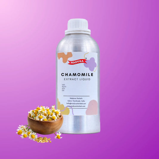 Bottle of chamomile extract liquid with dried chamomile flowers on a purple background