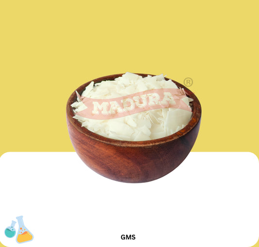Wooden Bowl full of Glycerol monostearate with Maduras herbals Logo