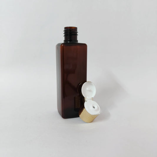 PET Square Bottle - Amber - Gold Flip Cap - 100mL