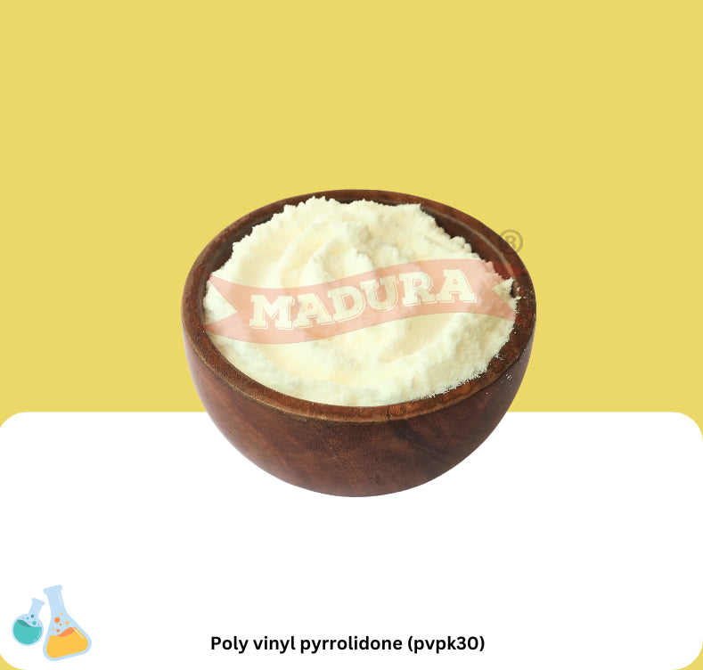 Poly vinyl pyrrolidone (pvpk30) in a wooden bowl with branding