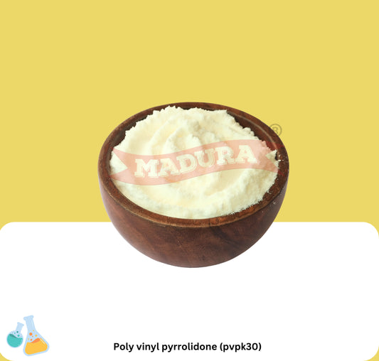Poly vinyl pyrrolidone (pvpk30) in a wooden bowl with branding
