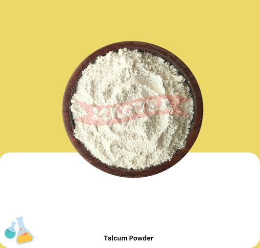 Bowl of talcum powder on a yellow background with 'Talcum Powder' text.