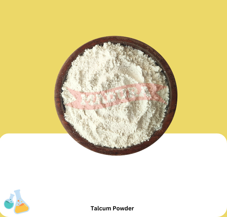 Bowl of talcum powder on a yellow background with 'Talcum Powder' text.