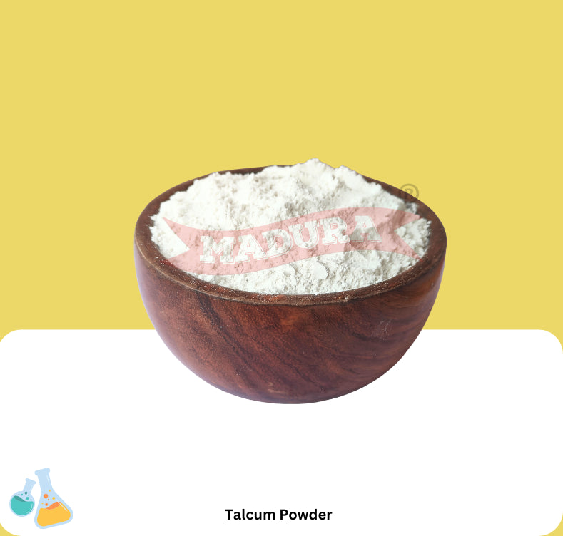 Wooden bowl filled with talcum powder on a yellow background